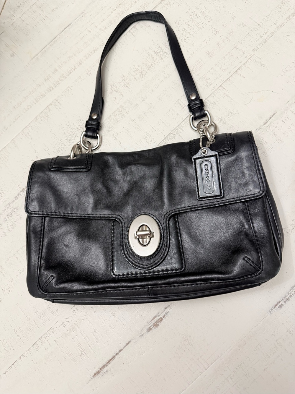 Coach Black Leather Turnlock Shoulder Bag with Silver Hardware